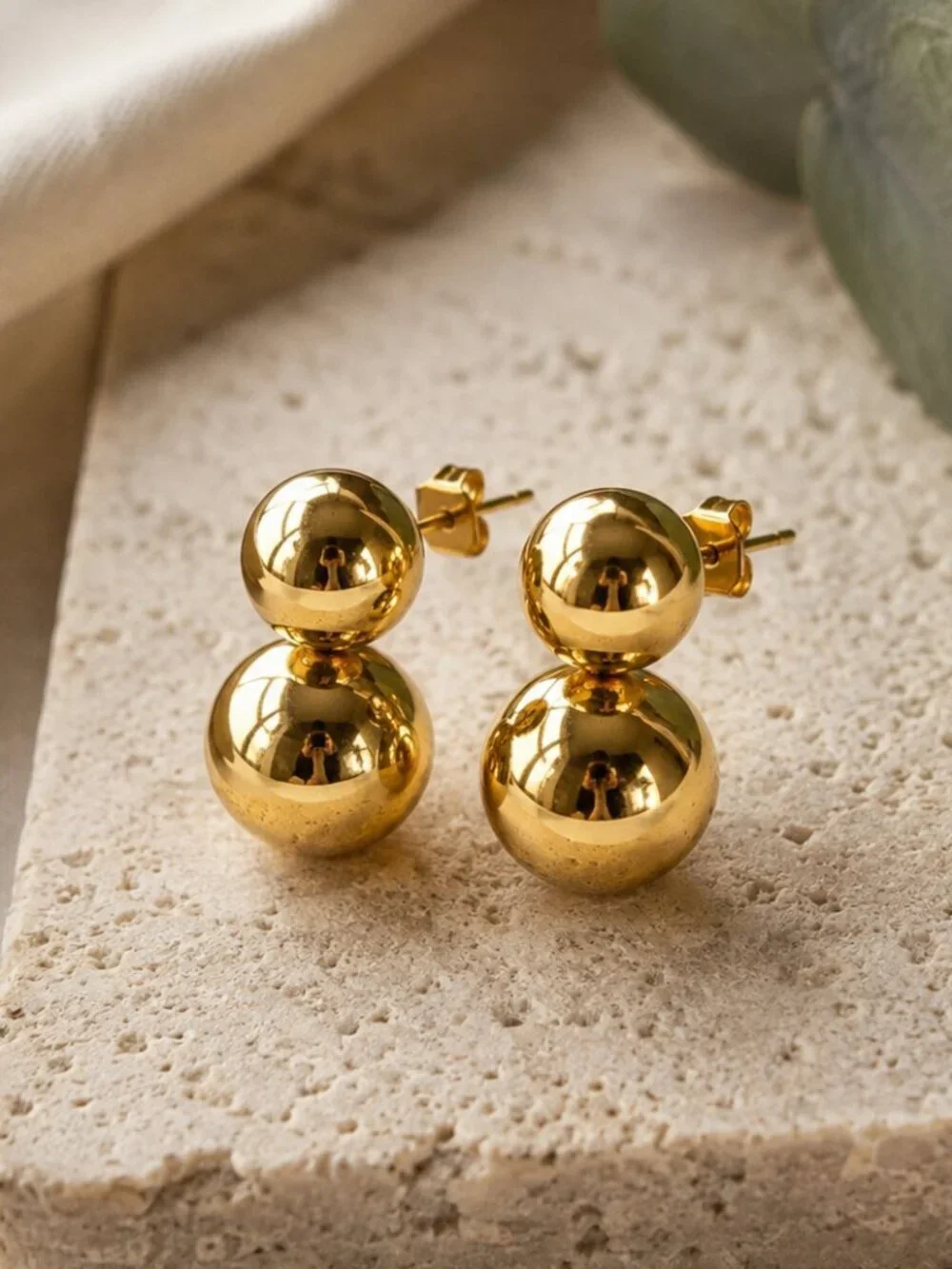 18K Gold Plated Double Ball Drop Stud Earrings Sculptural Old Money 0.8